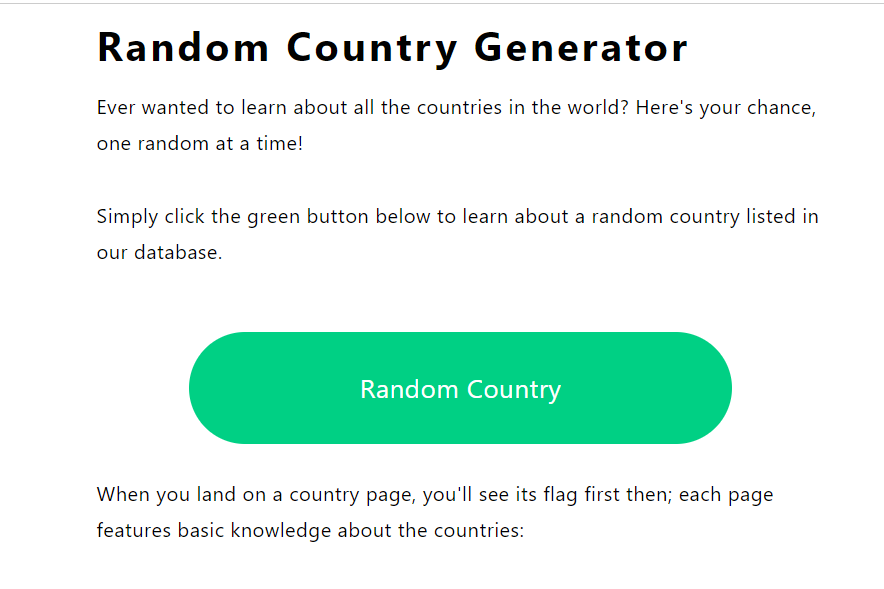 Screenshot der Webseite Random Country Generator mit großen grünen Button