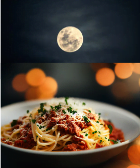 Spaghetti-mit -Mond Teller Spaghetti und Vollmond