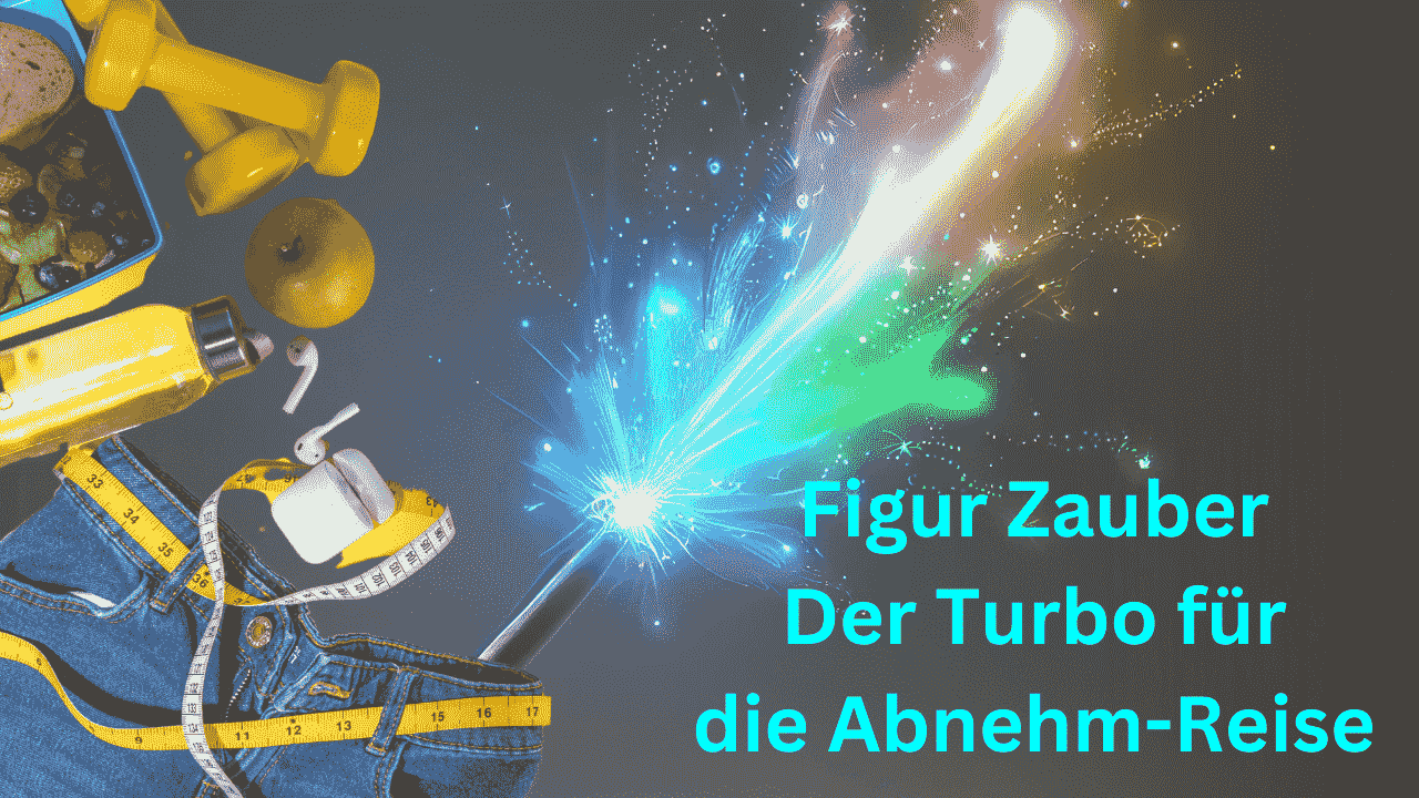 Text: Figur Zauber- Der Turbo für die Abnehm-Reise, Bild mit Hose, Hanteln, Kopfhörer