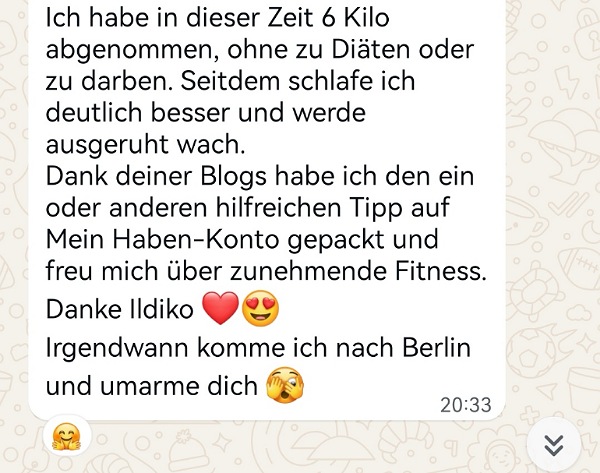 Screenshot einer Kundenbewertung per WhatsApp – Kundin berichtet von 6 Kilo Gewichtsverlust und mehr Energie