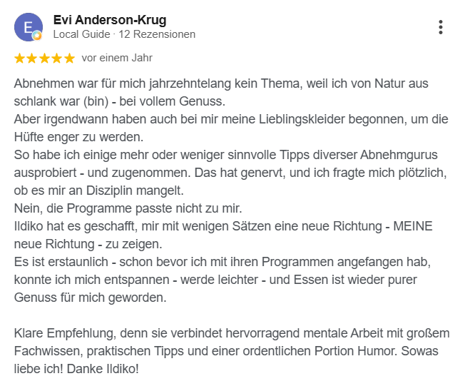5-Sterne-Google-Bewertung von Evi Anderson-Krug über ihre positive Erfahrung mit dem Abnehm-Coaching von Ildiko