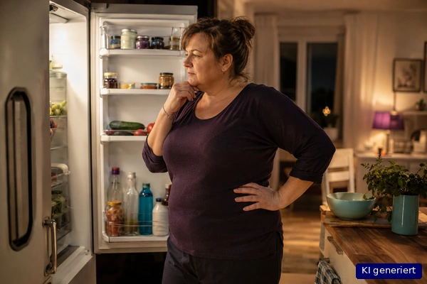KI-generiertes Bild einer Frau vor einem geöffneten Kühlschrank, die zwischen Hunger, Food Noise und emotionalem Essen innehält.