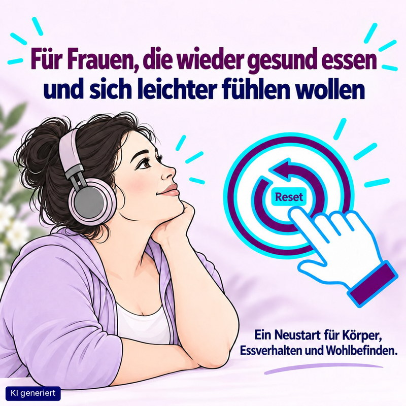 Illustration einer Frau mit Kopfhörern, die auf einen Reset-Knopf blickt. Für Frauen, die wieder gesund essen und sich leichter fühlen wollen.