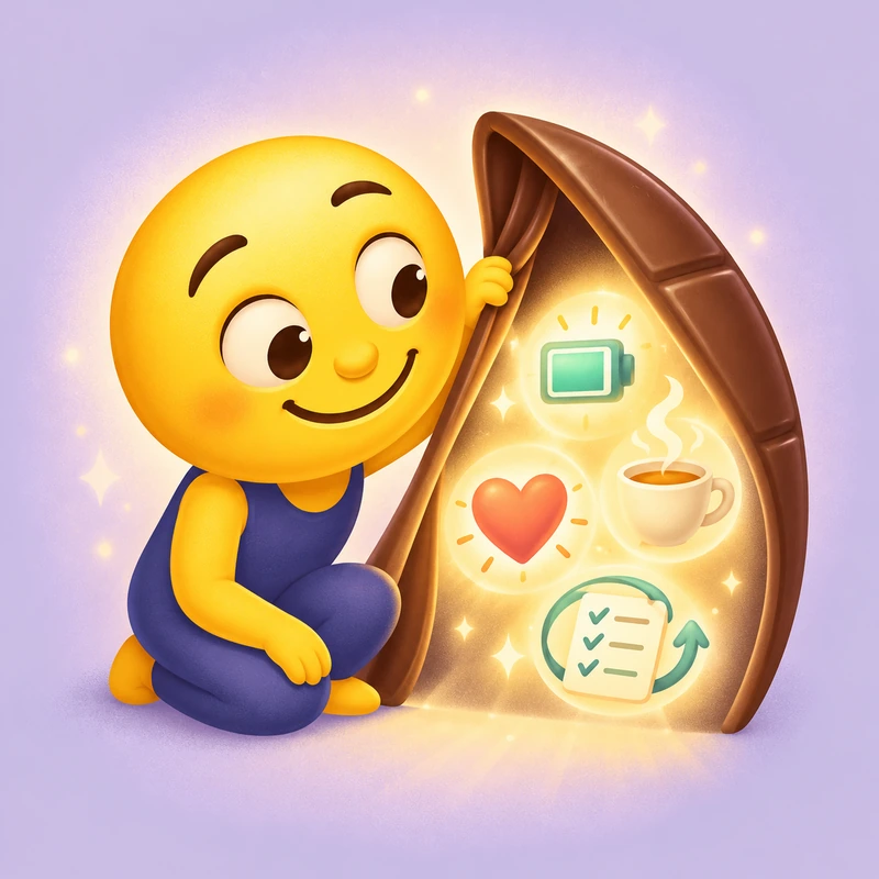 Smile-Figur blickt hinter eine Schokoladentafel und entdeckt Energie, Gefühle, Pausen und Gewohnheiten als mögliche Ursachen für Heißhunger.